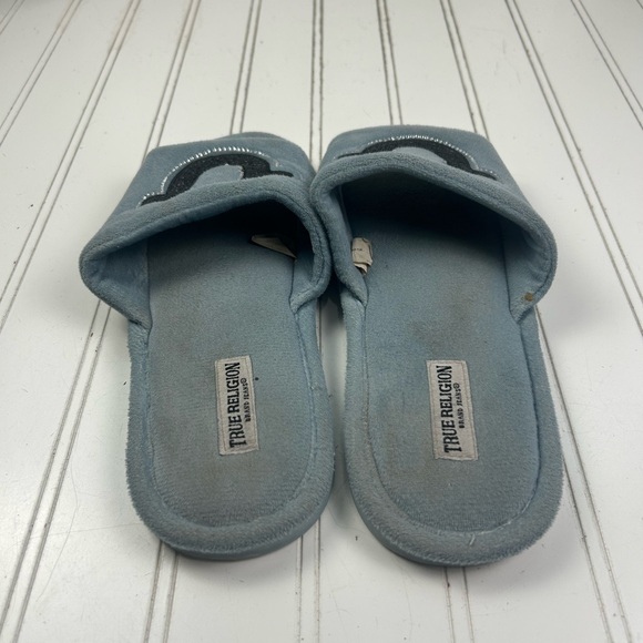 True Religion Blue Plush Slide Slippers Rhinestone Logo Women’s Size 6.5–7.5 - Picture 7 of 10